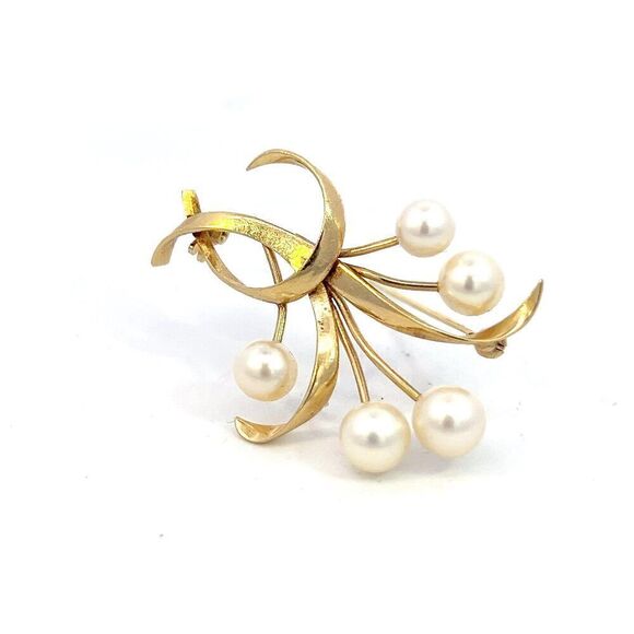 Mikimoto Estate Akoya Pearl Brooch 1.5 x 1" 14k Yellow Gold 6.60-5.50 mm M370 - Picture 1 of 7